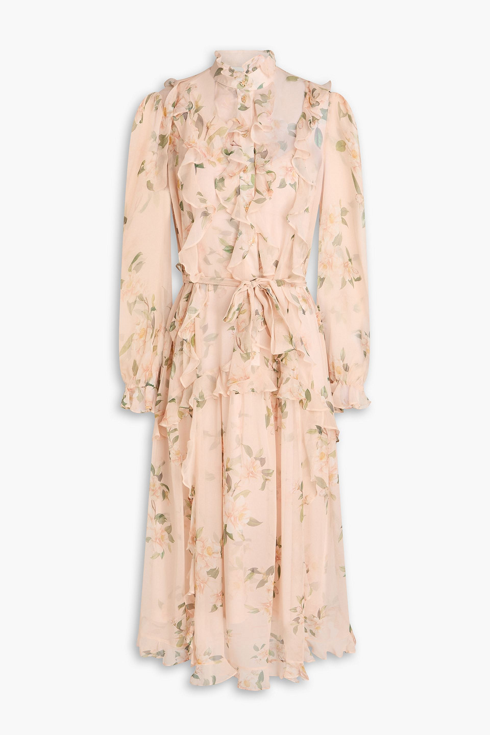 Zimmermann Pussy-bow Ruffled Floral-print Silk-georgette Midi Dress In Blush