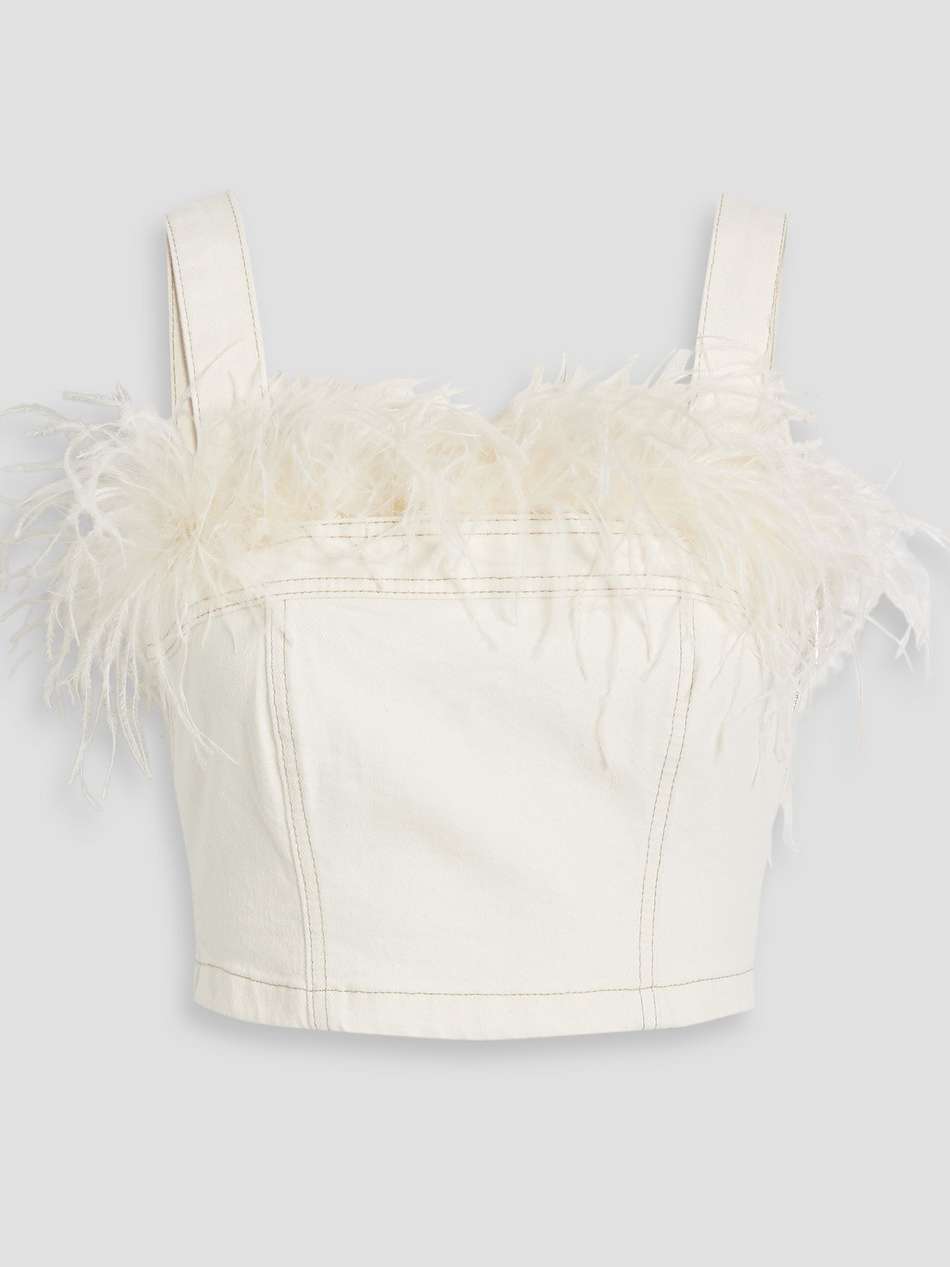reeves cropped feather-trimmed denim top