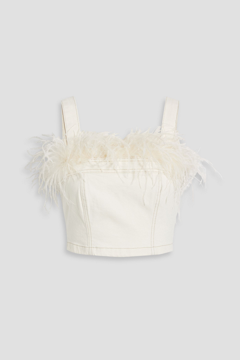 Simkhai Reeves Cropped Feather-trimmed Denim Top In White