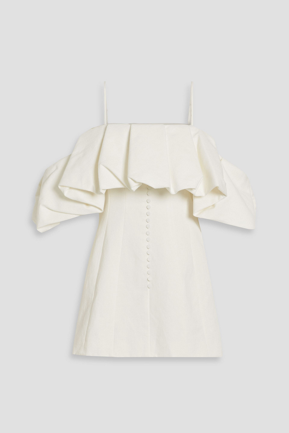 Shop Simkhai Puff Cold-shoulder Ruffled Cotton And Linen-blend Mini Dress In Weiss