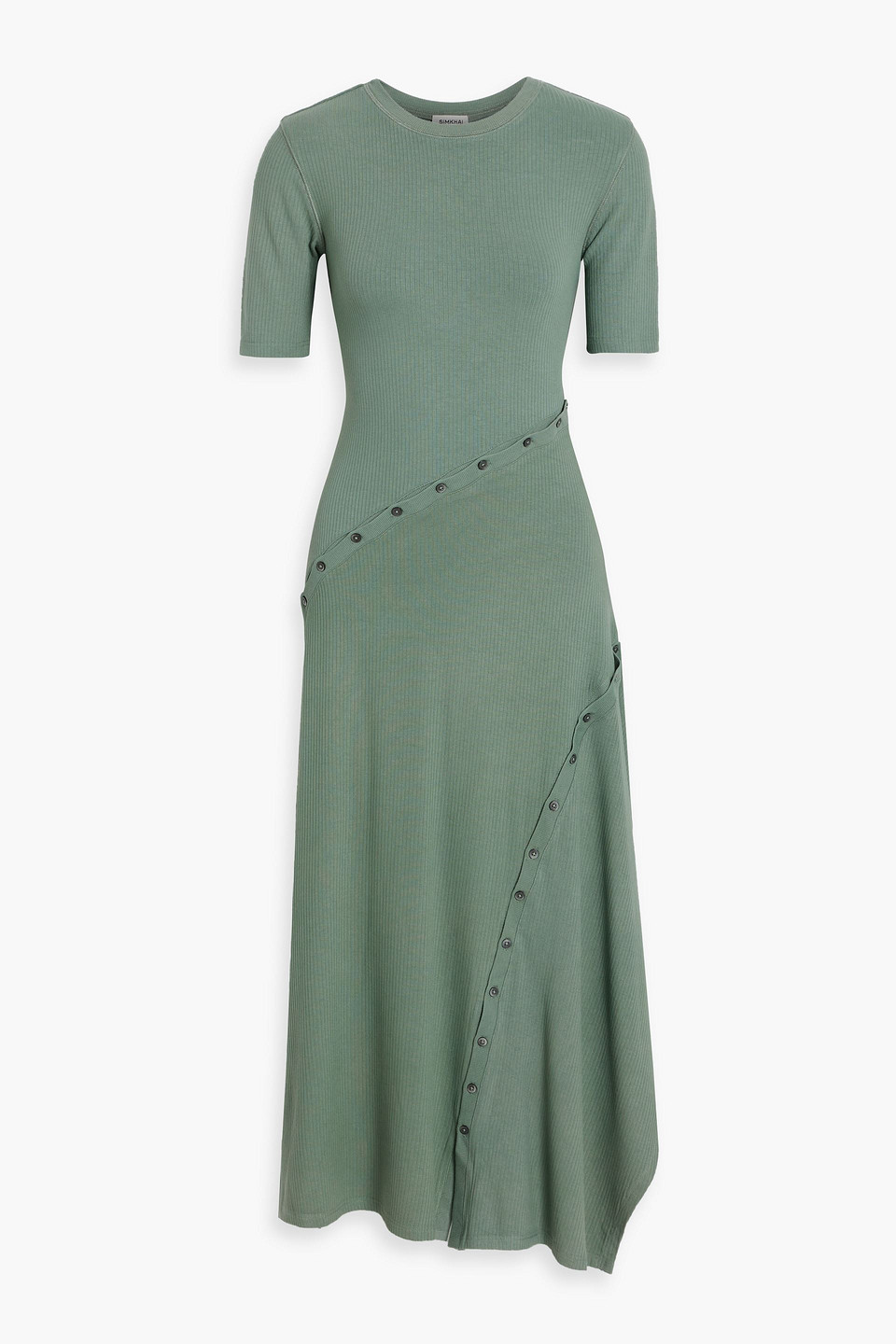 Simkhai Toma Button-detailed Ribbed Jersey Midi Dress In Grey Green