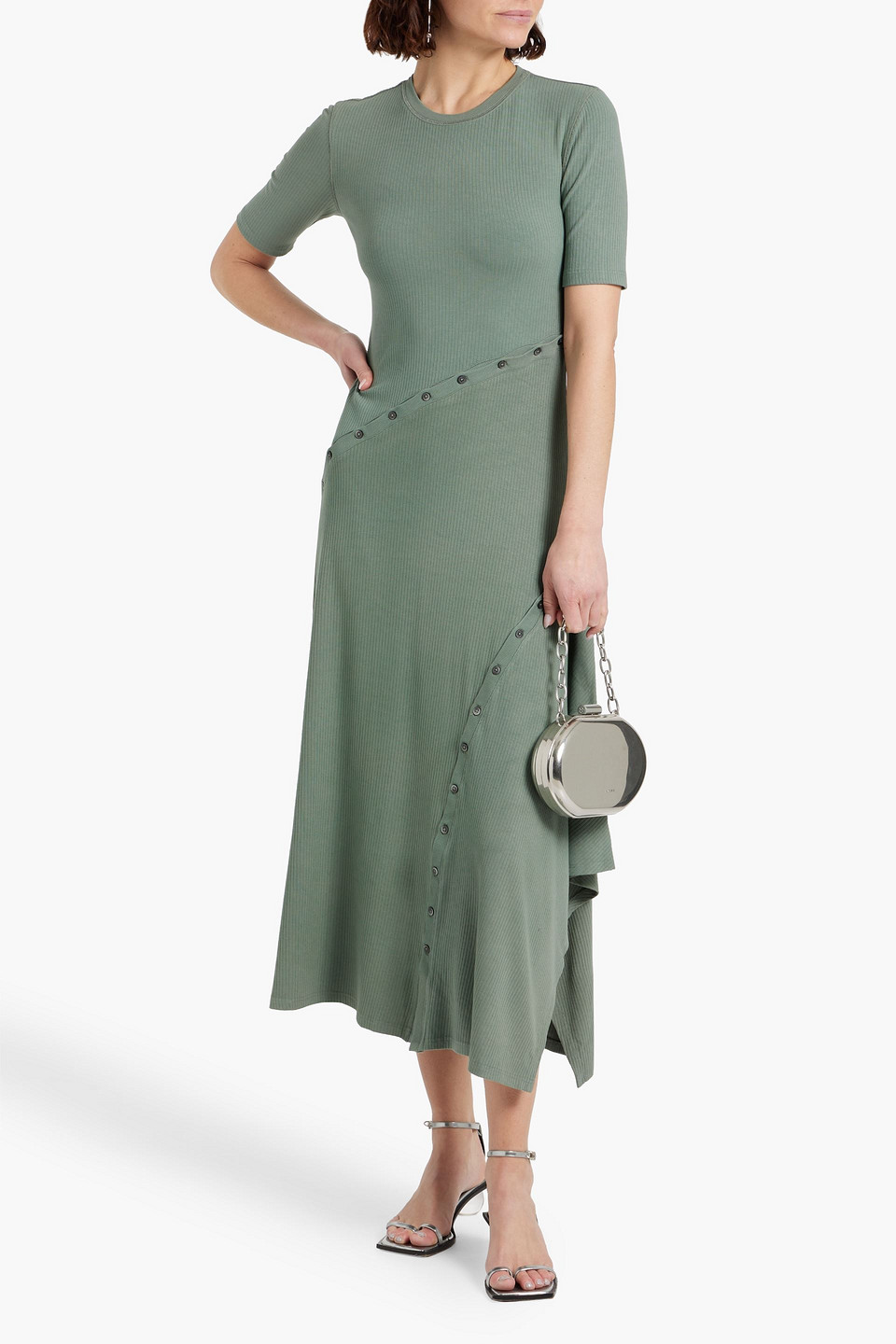 Shop Simkhai Toma Button-detailed Ribbed Jersey Midi Dress In Grey Green