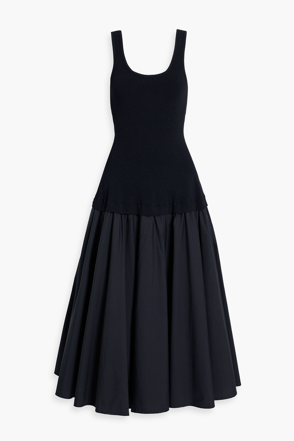 Simkhai Silas Ribbed-knit And Cotton-poplin Midi Dress In Midnight Blue