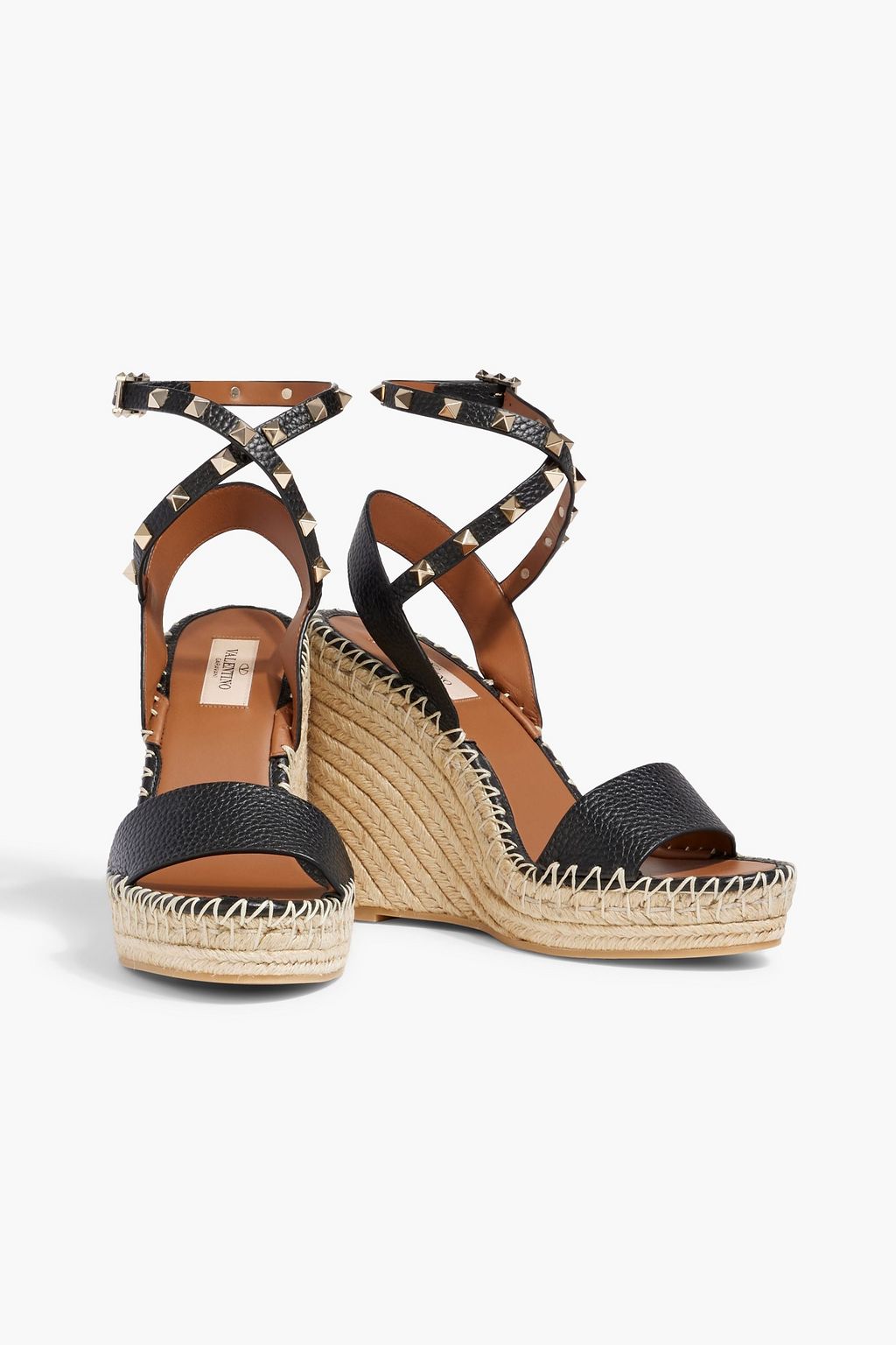 VALENTINO GARAVANI Rockstud pebbled-leather espadrille wedge sandals