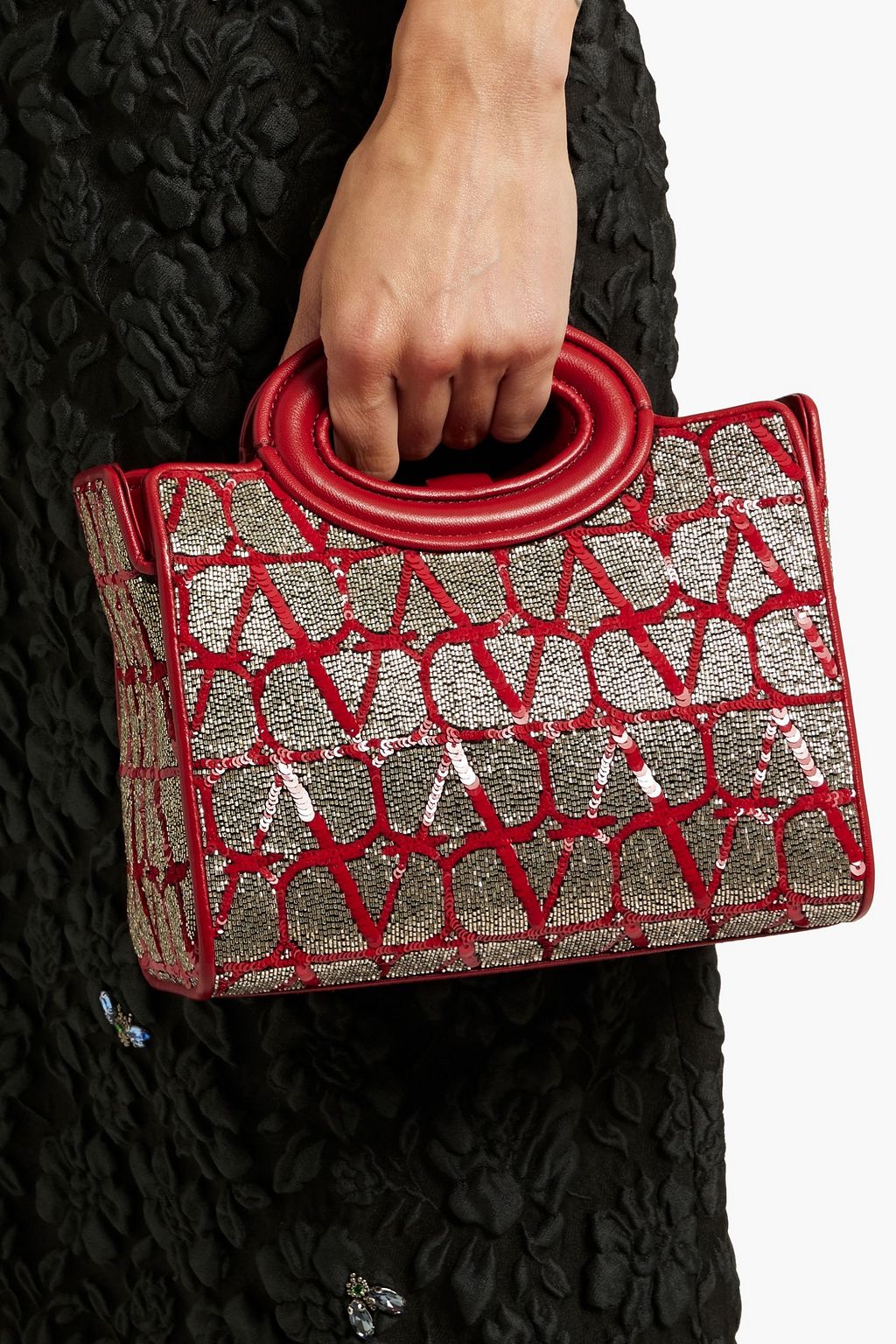 VALENTINO GARAVANI Embellished leather and silk-chiffon tote