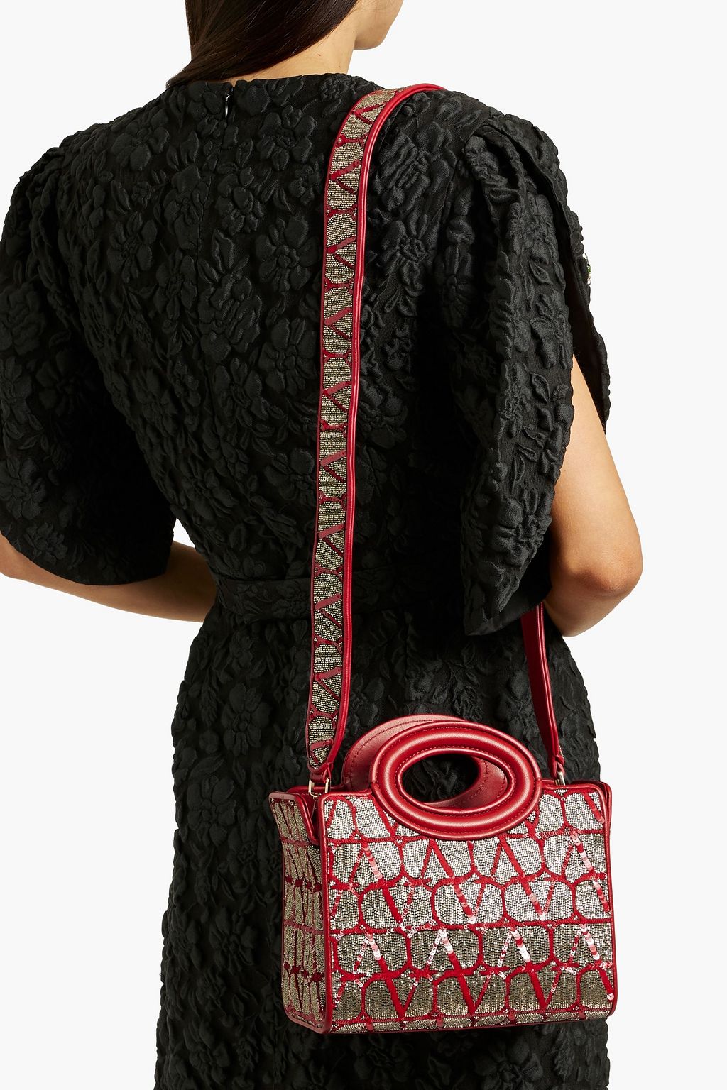 VALENTINO GARAVANI Embellished leather and silk-chiffon tote