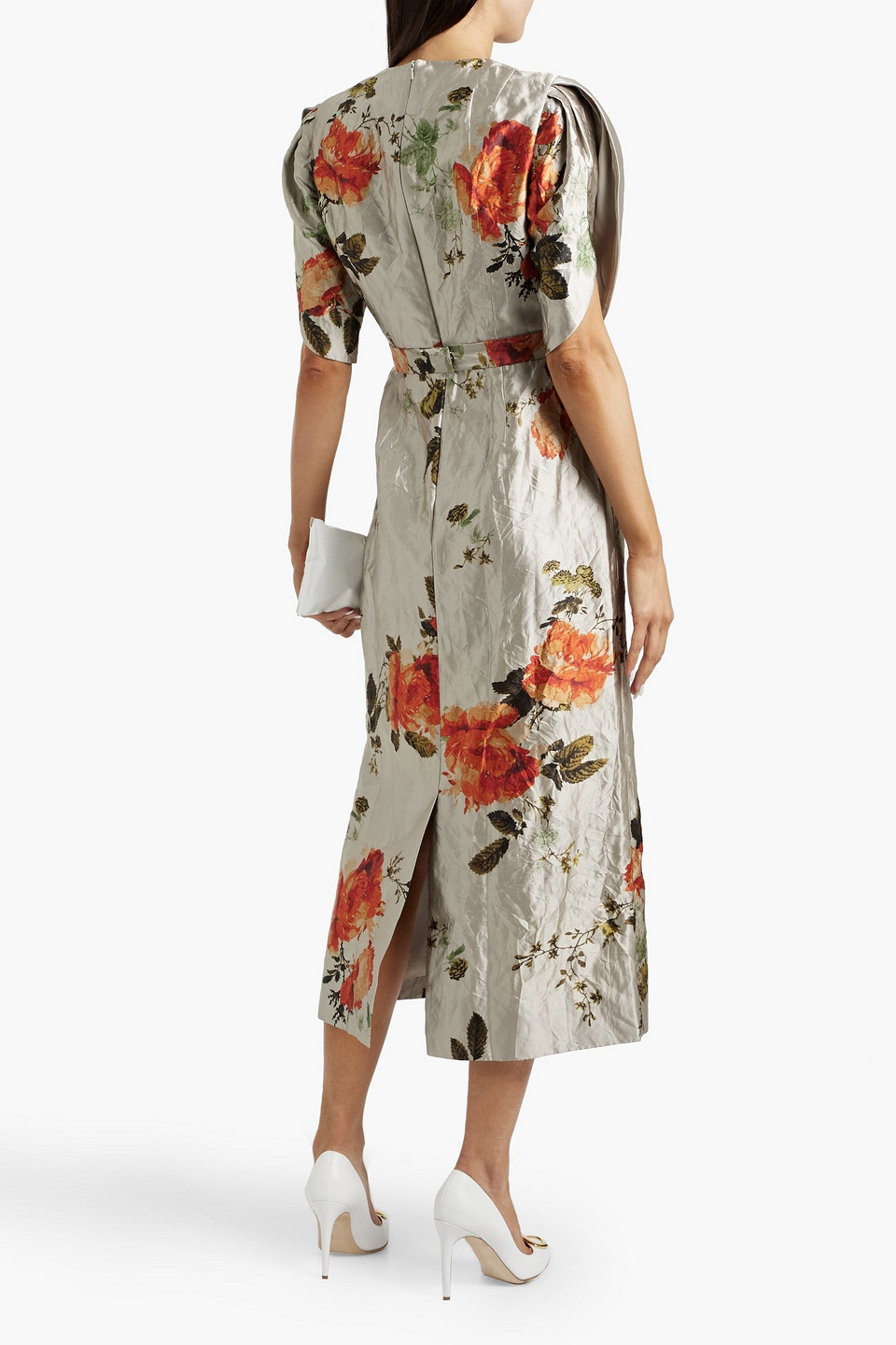 ERDEM CRINKLED FLORAL-PRINT SATIN-TWILL MIDI DRESS
