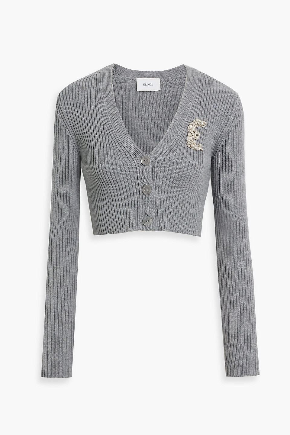 Cropped embellished ribbed merino wool cardigan
