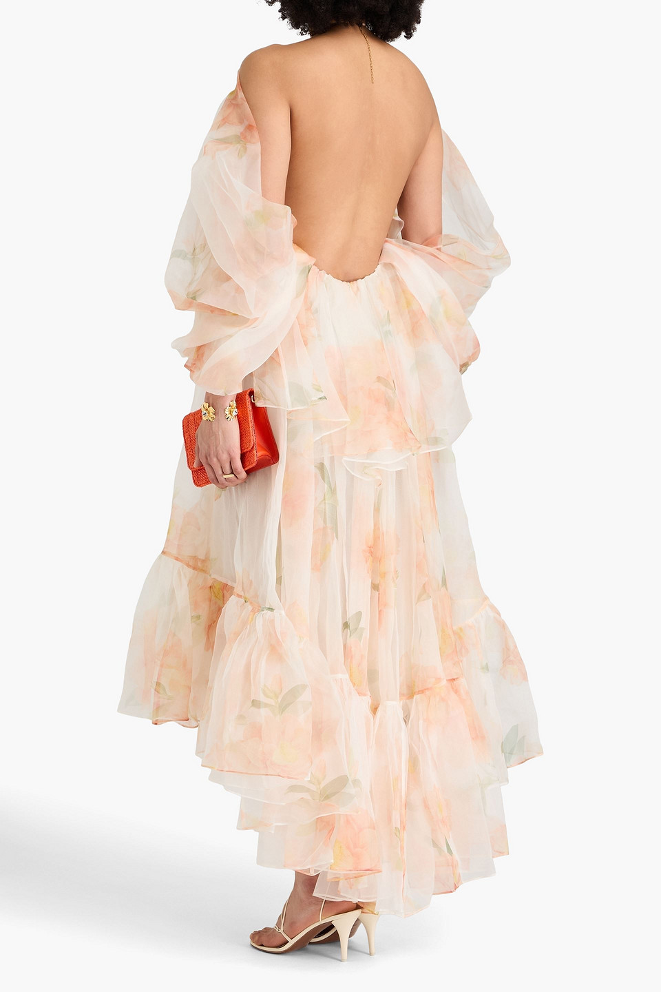 Zimmermann Cold-shoulder Ruffled Floral-print Silk-organza Maxi Dress In Ivory