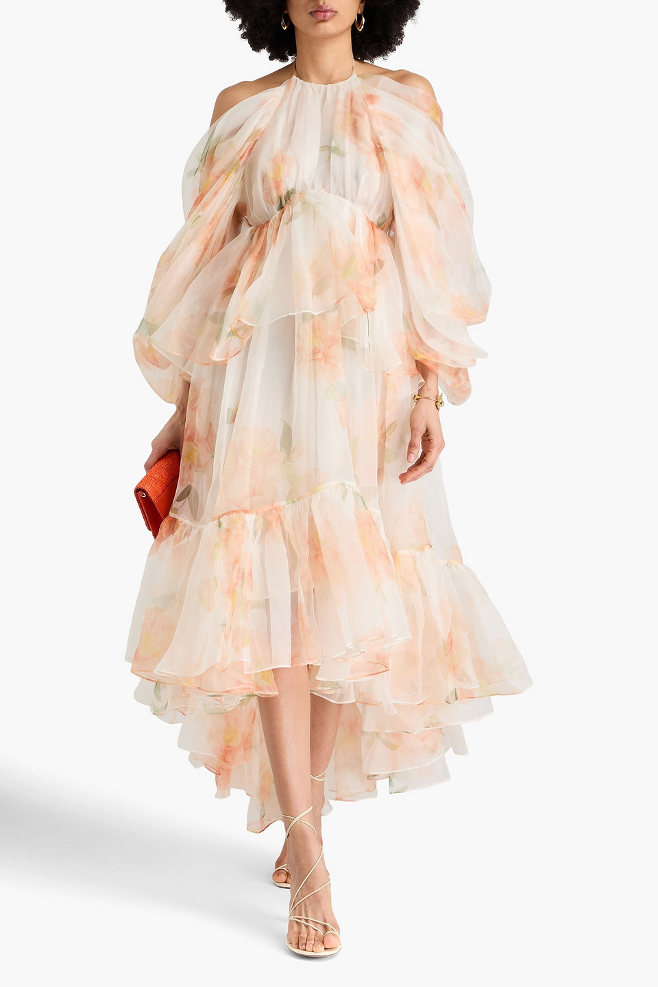 Zimmermann Cold-shoulder Ruffled Floral-print Silk-organza Maxi Dress In Ivory
