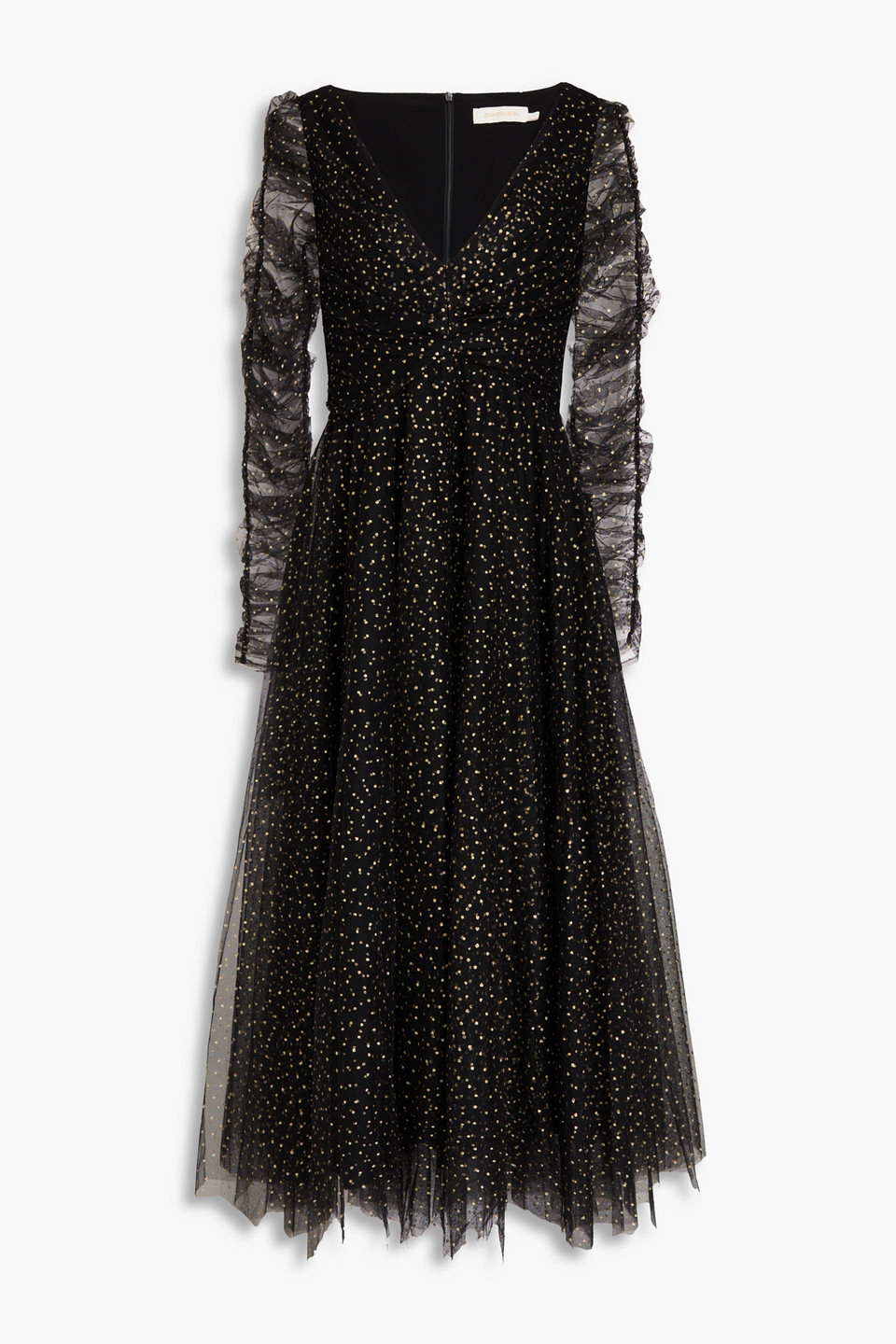 Zimmermann Ruched Glittered Tulle Midi Dress In Black