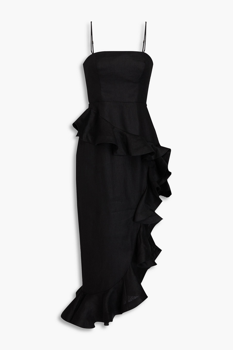 Zimmermann Asymmetric Ruffled Linen Midi Dress In Black