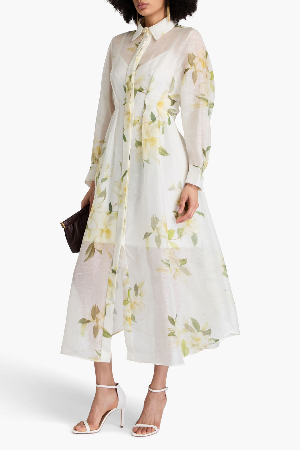 Zimmermann Floral-print Linen And Silk-blend Midi Shirt Dress In Ivory
