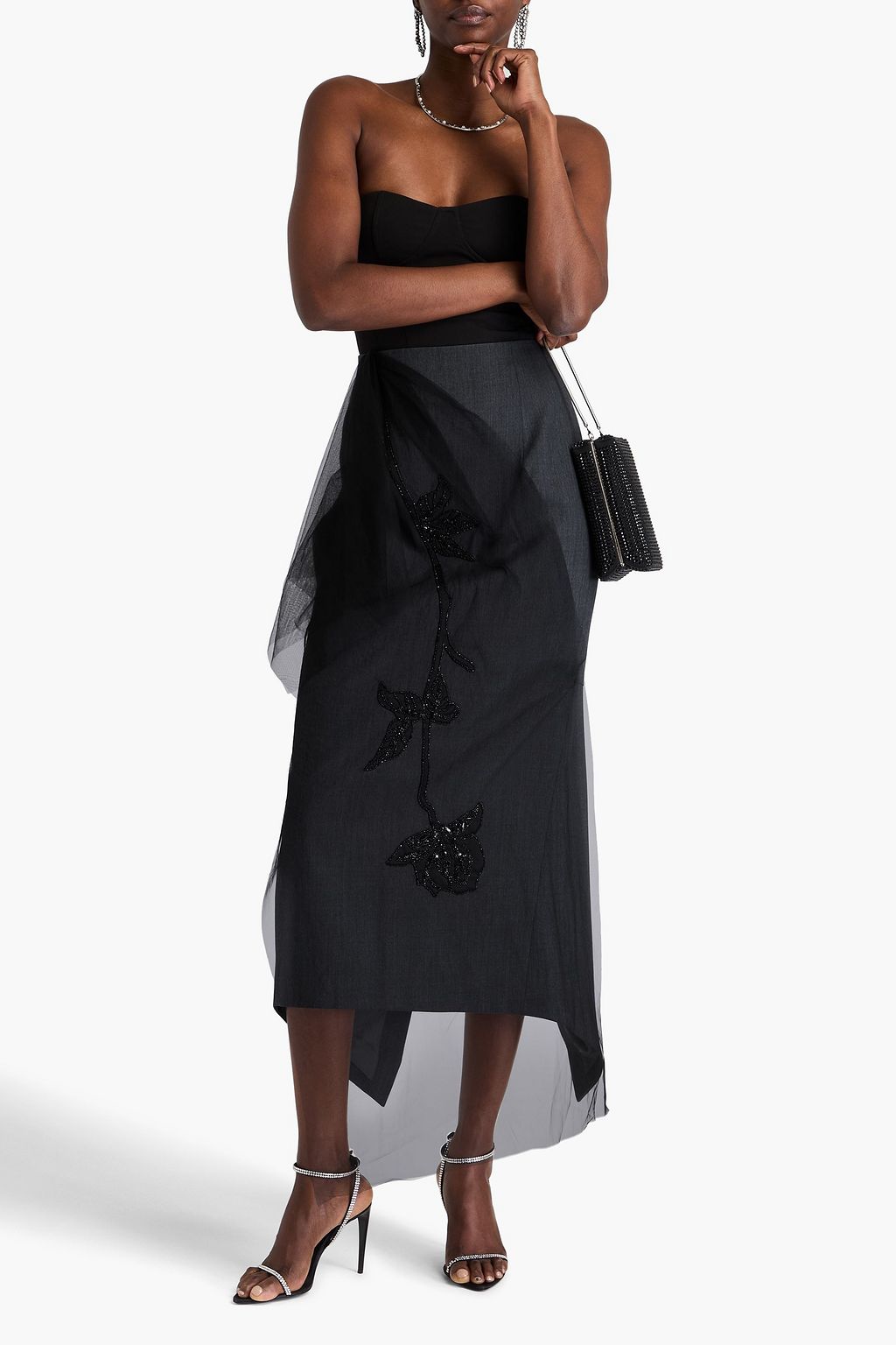 HUISHAN ZHANG Thalia embellished tulle-paneled twill midi skirt