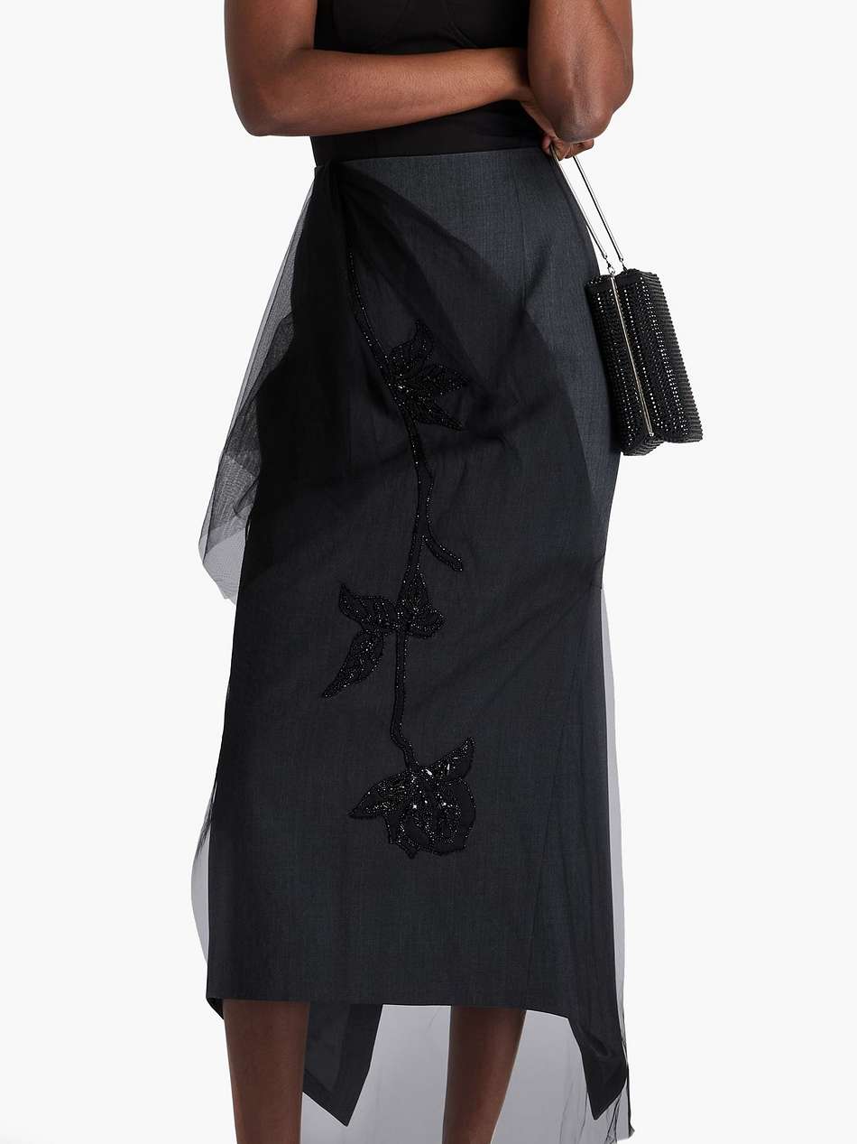 thalia embellished tulle-paneled twill midi skirt