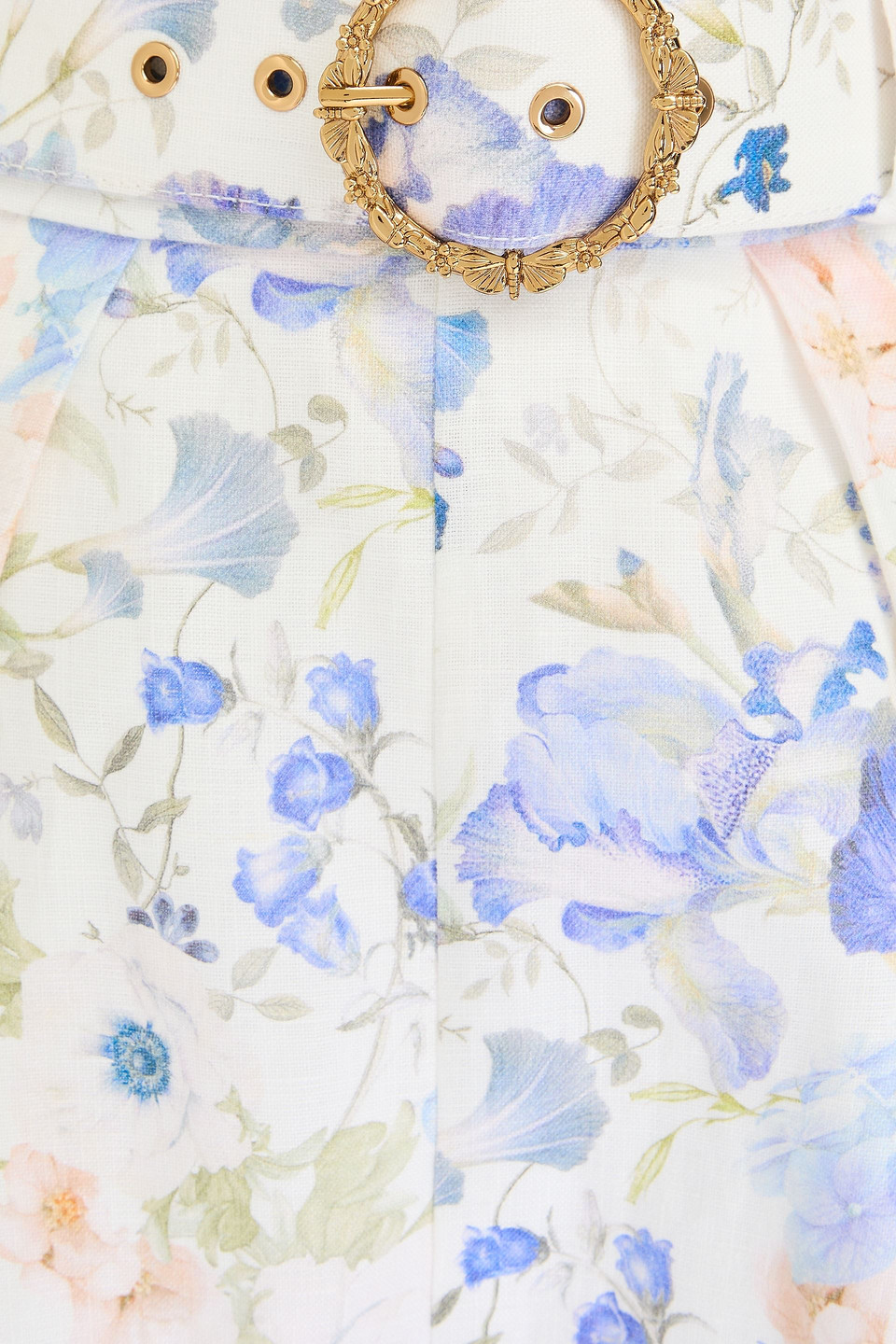 Zimmermann Natura Belted Pleated Floral-print Linen Shorts In Blue Garden Print