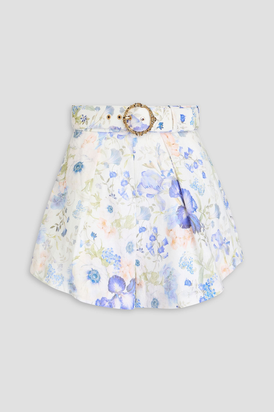 Zimmermann Natura Belted Pleated Floral-print Linen Shorts In Blue Garden Print
