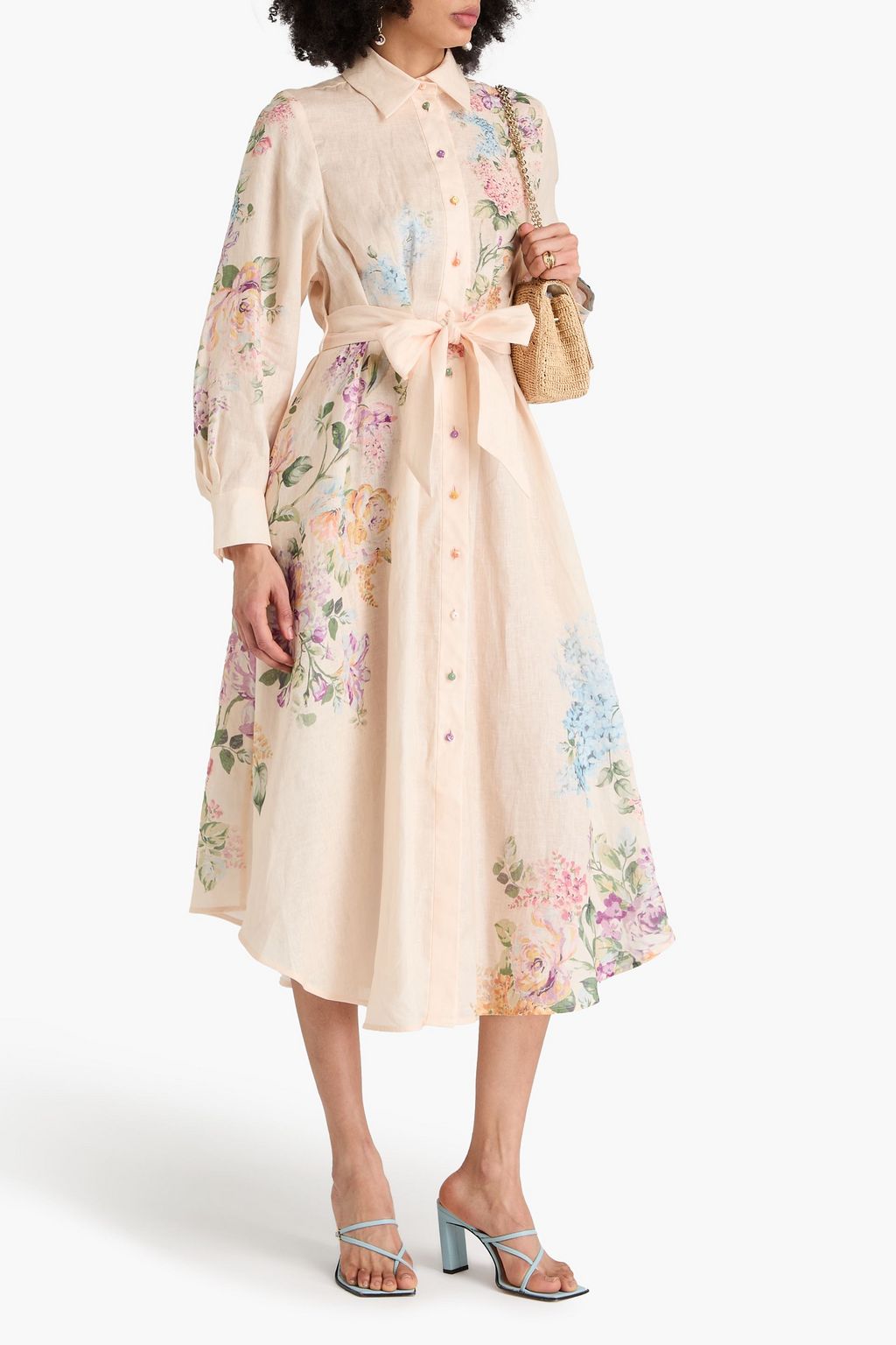 ZIMMERMANN Pleated floral-print linen midi shirt dress