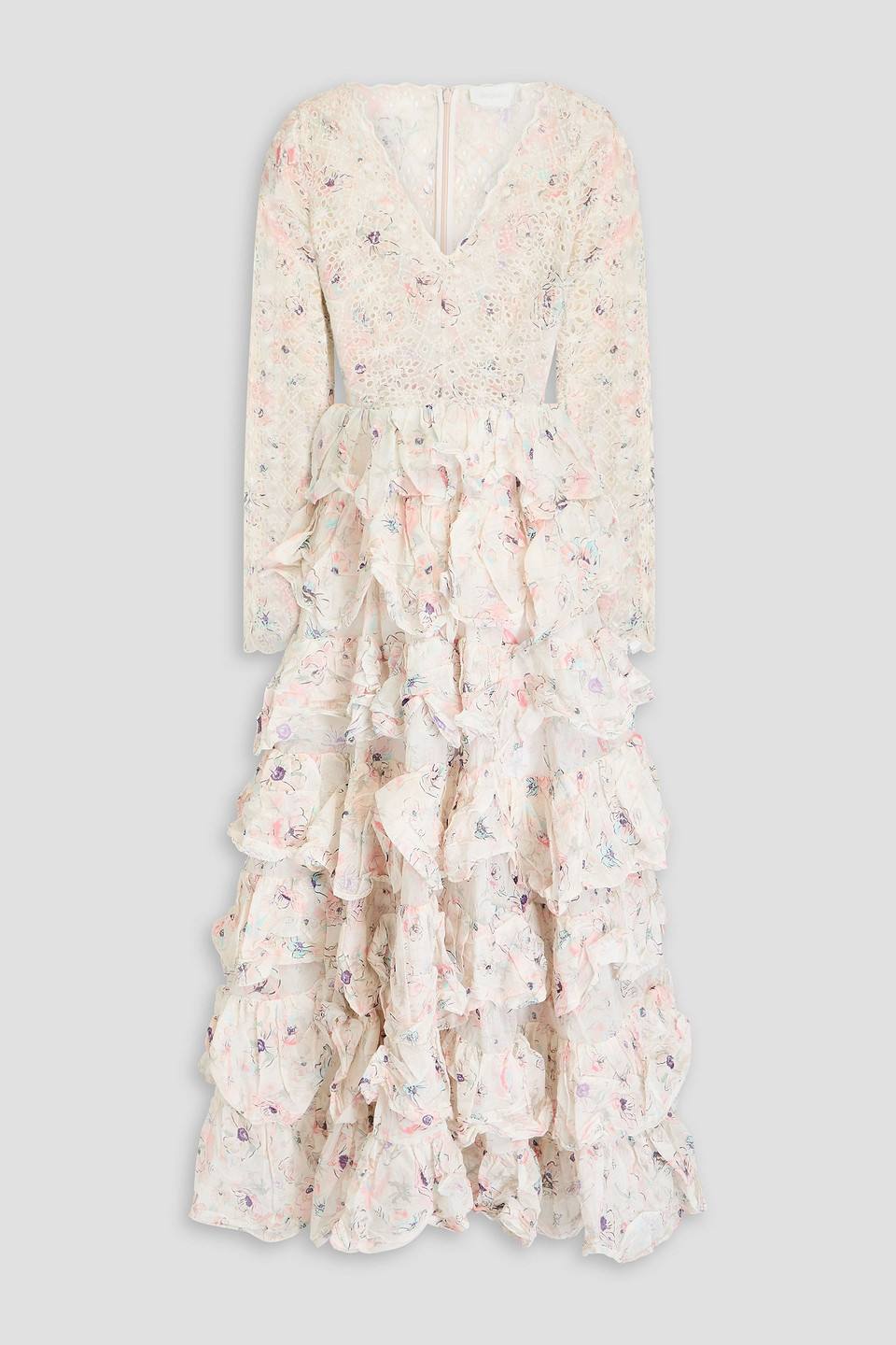 Zimmermann Tiered Floral-print Broderie Anglaise Cotton Gown In Ivory