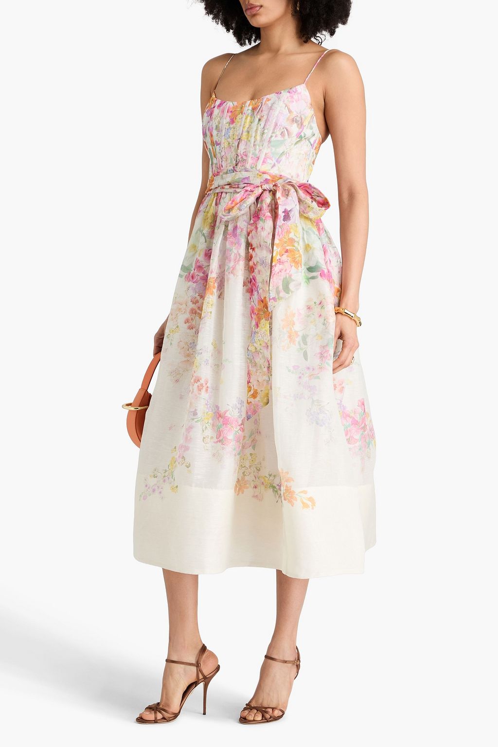 ZIMMERMANN Belted floral-print linen and silk-blend midi dress