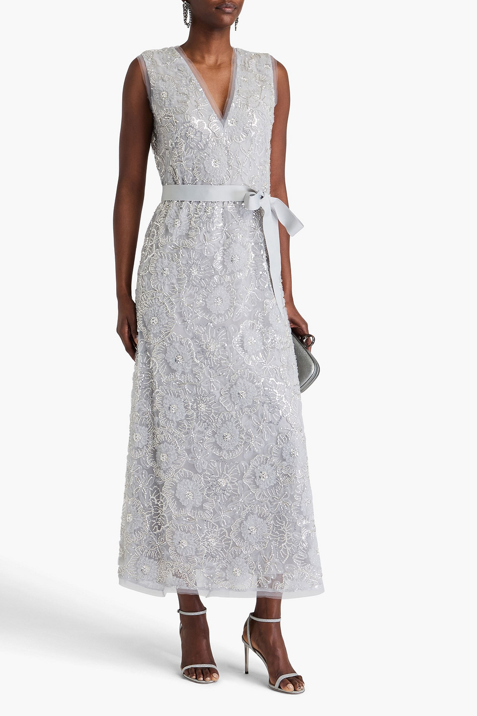 Huishan Zhang Esma Embellished Tulle Maxi Dress In Grau