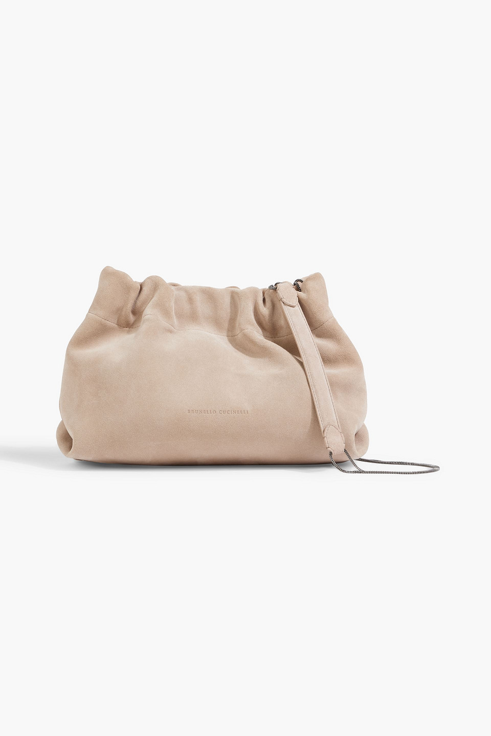BRUNELLO CUCINELLI BEAD-EMBELLISHED GATHERED SUEDE CROSS-BODY BAG