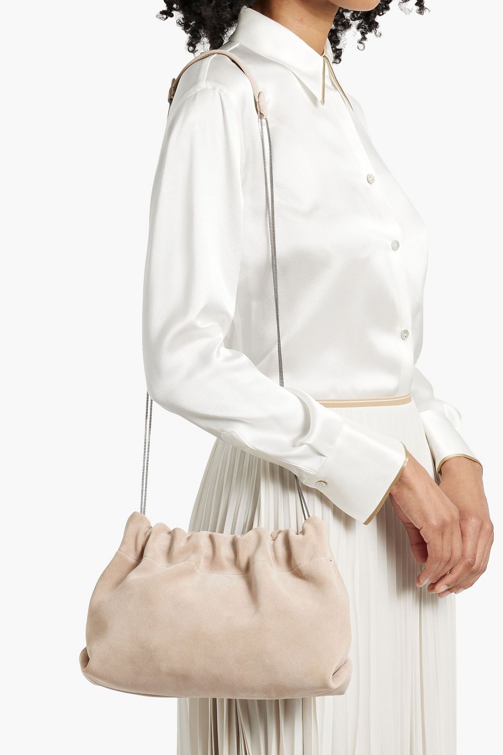 BRUNELLO CUCINELLI Bead-embellished gathered suede cross-body bag
