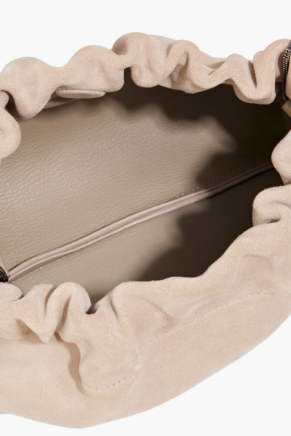 Shop Brunello Cucinelli Bead-embellished Gathered Suede Cross-body Bag In Neutral