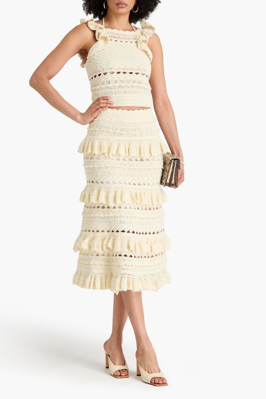 ZIMMERMANN Ruffled crocheted cotton midi skirt