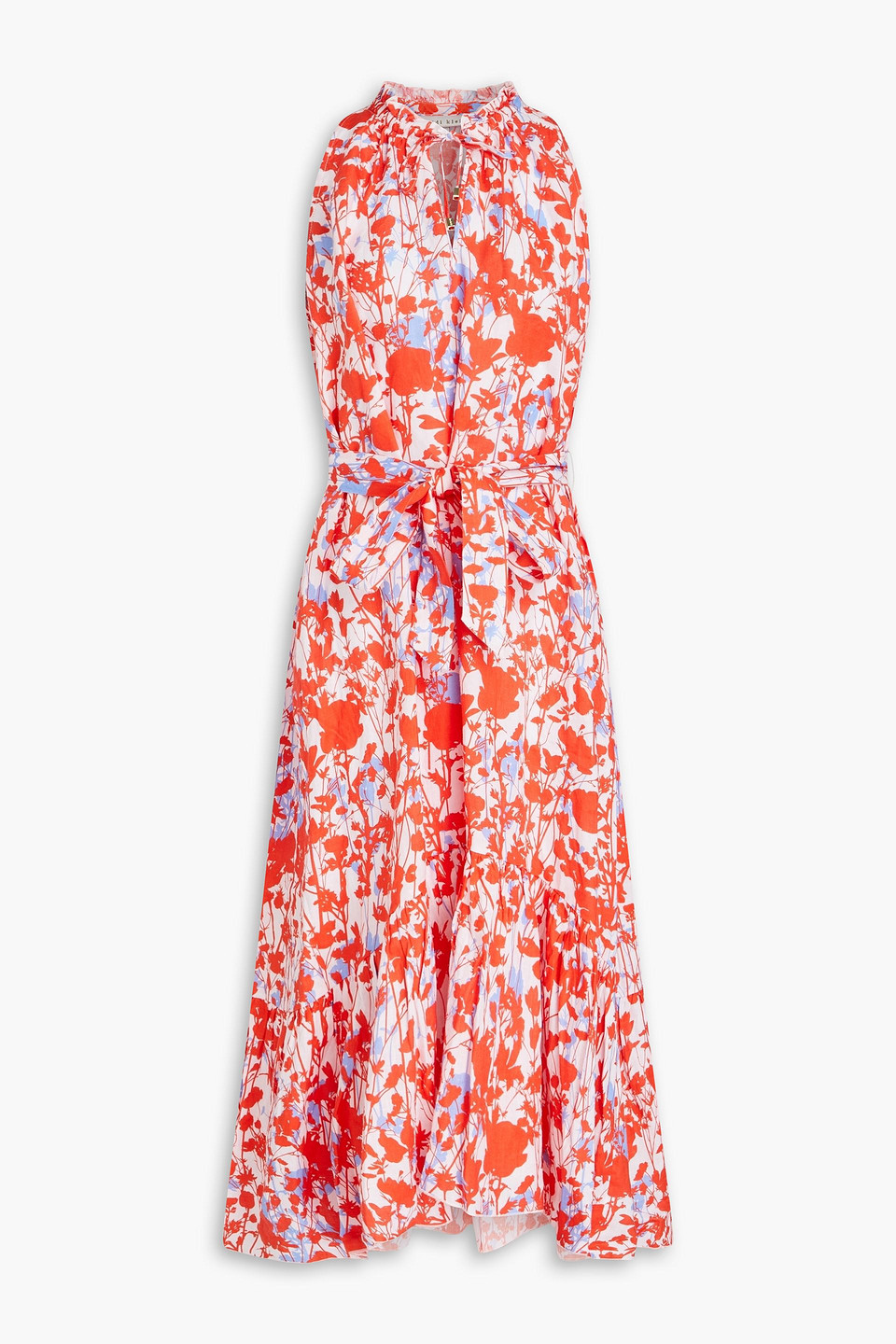 Heidi Klein Ruffled Floral-print Linen Midi Dress In Tomato Red