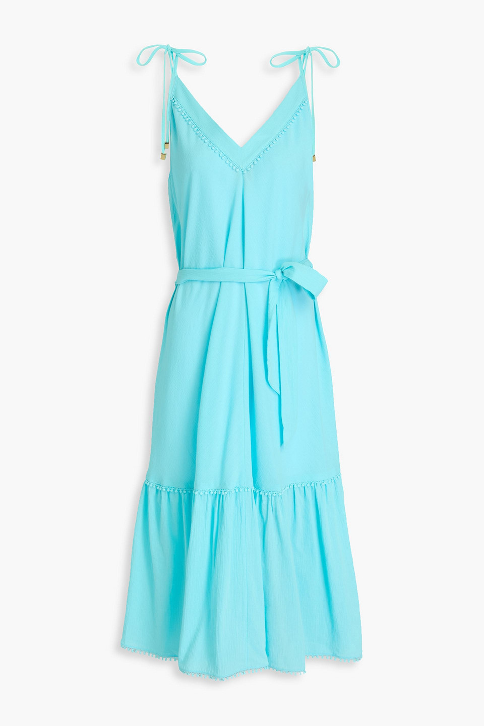 Heidi Klein Pompom-embellished Cotton-crepon Midi Dress In Turquoise