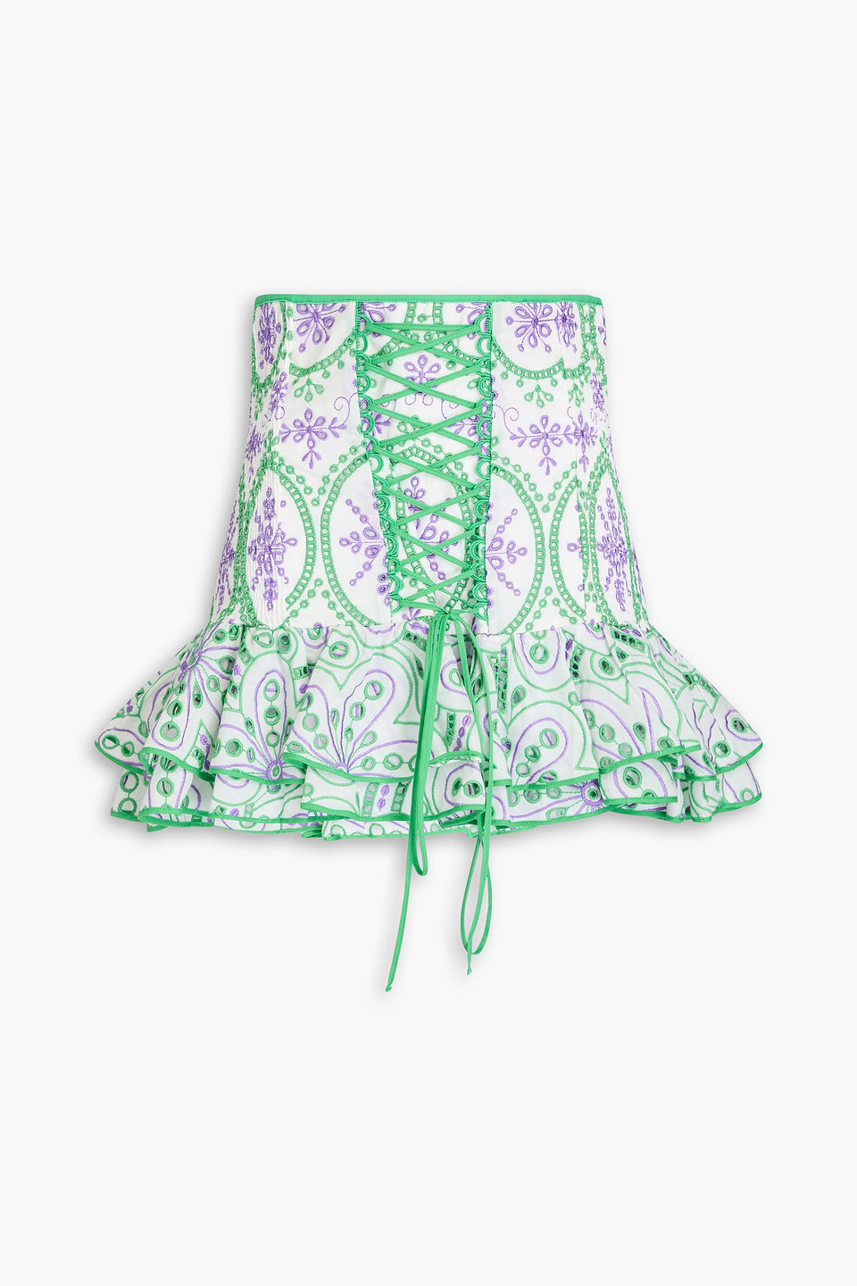Charo Ruiz Lucrecia Lace-up Broderie Anglaise Cotton-blend Mini Skirt In Green