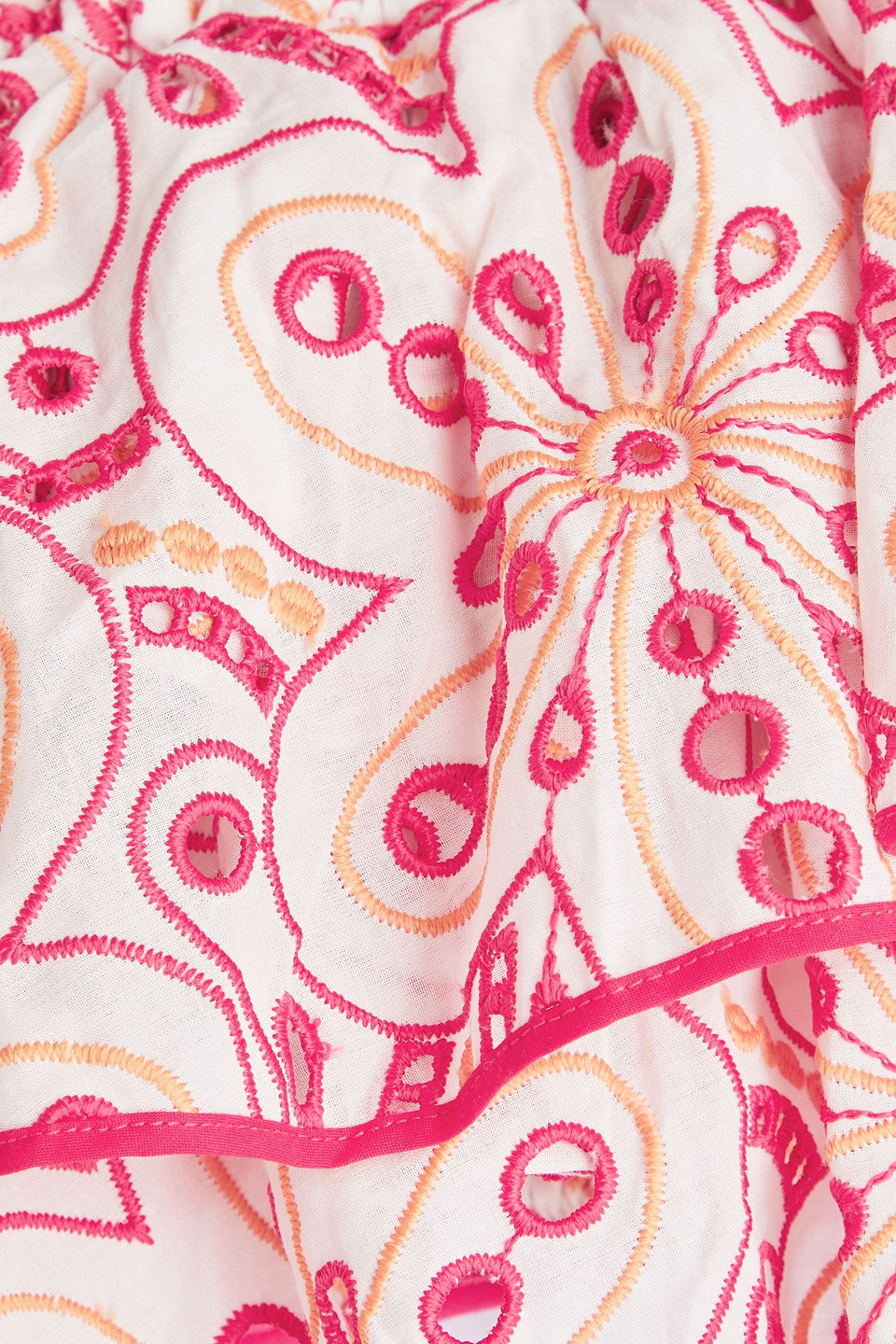 CHARO RUIZ FLAMINGO CROPPED ONE-SHOULDER RUFFLED BRODERIE ANGLAISE COTTON-BLEND TOP