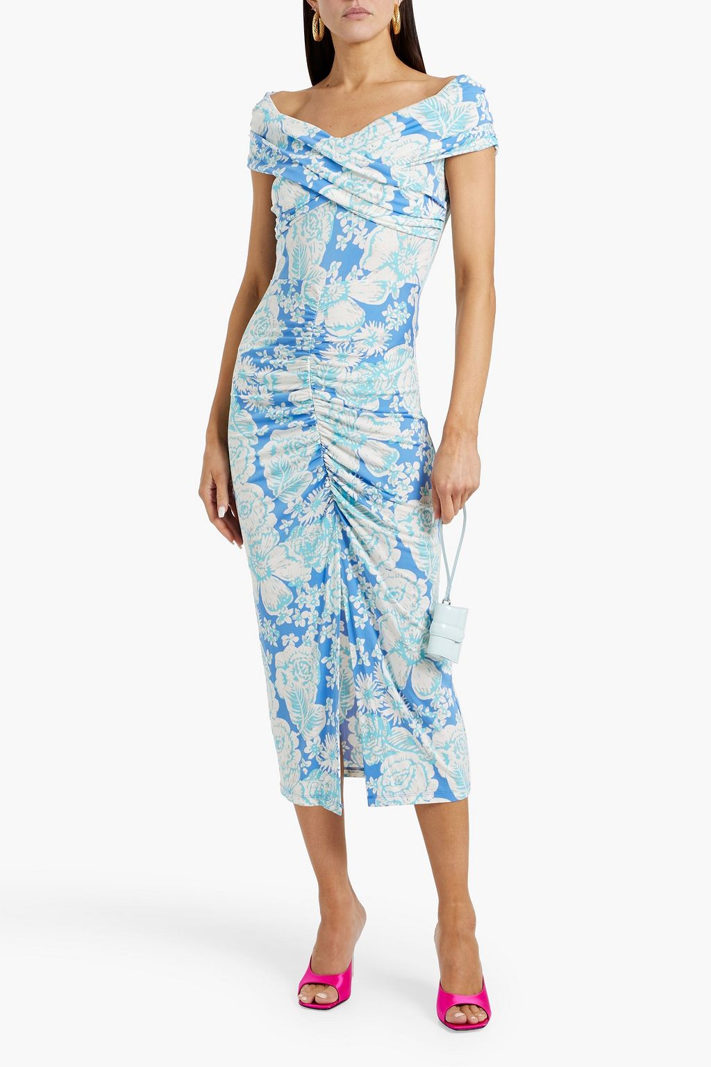 DIANE VON FURSTENBERG ジャージー ミディワンピース オフショルダー プリント入り