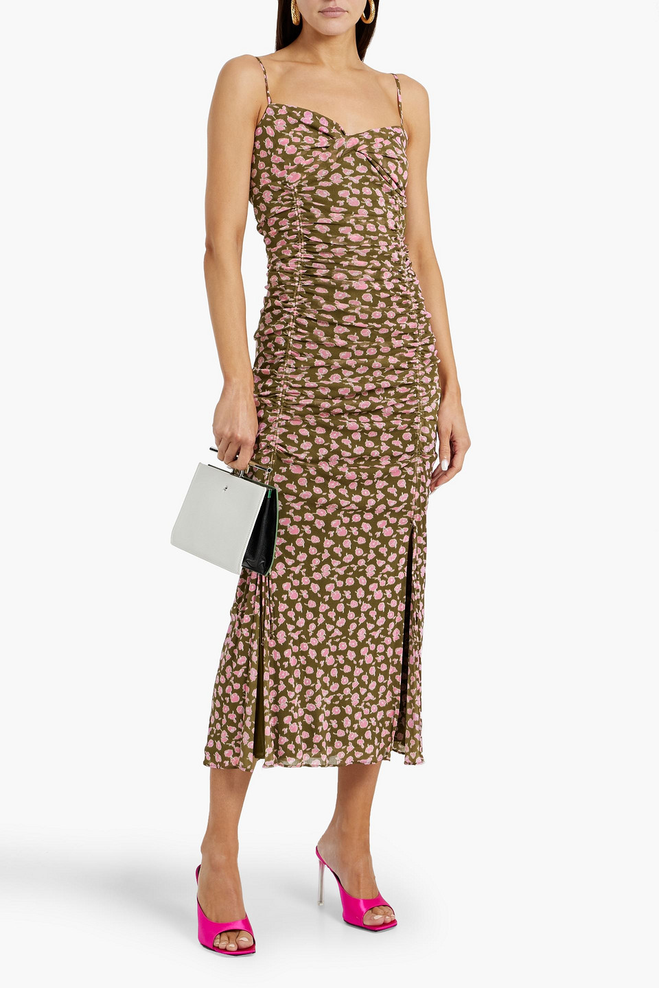 DIANE VON FURSTENBERG LESTER RUCHED PRINTED STRETCH-MESH MIDI DRESS
