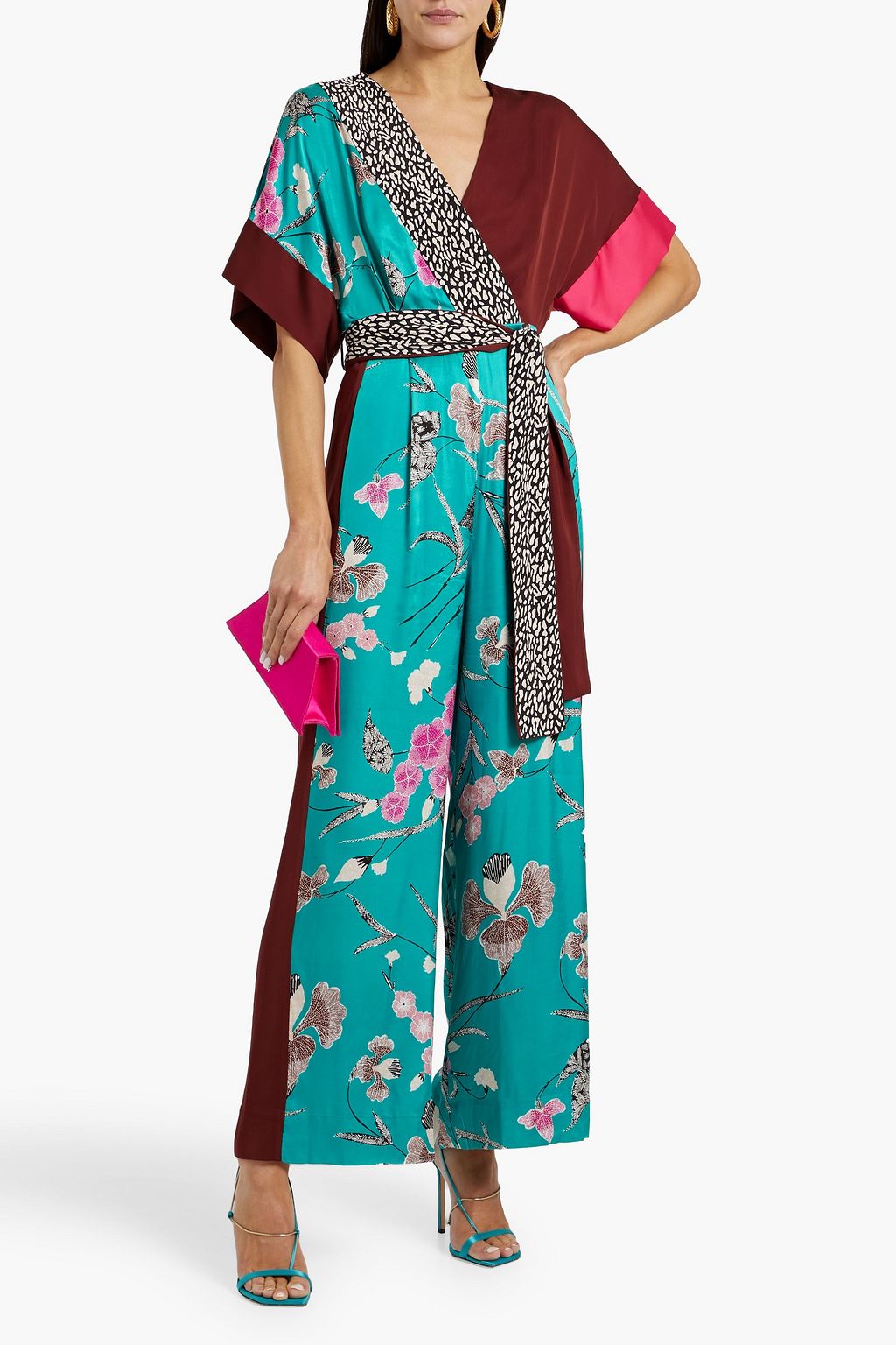 DIANE VON FURSTENBERG 프린트 새틴 와이드 레그 점프수트