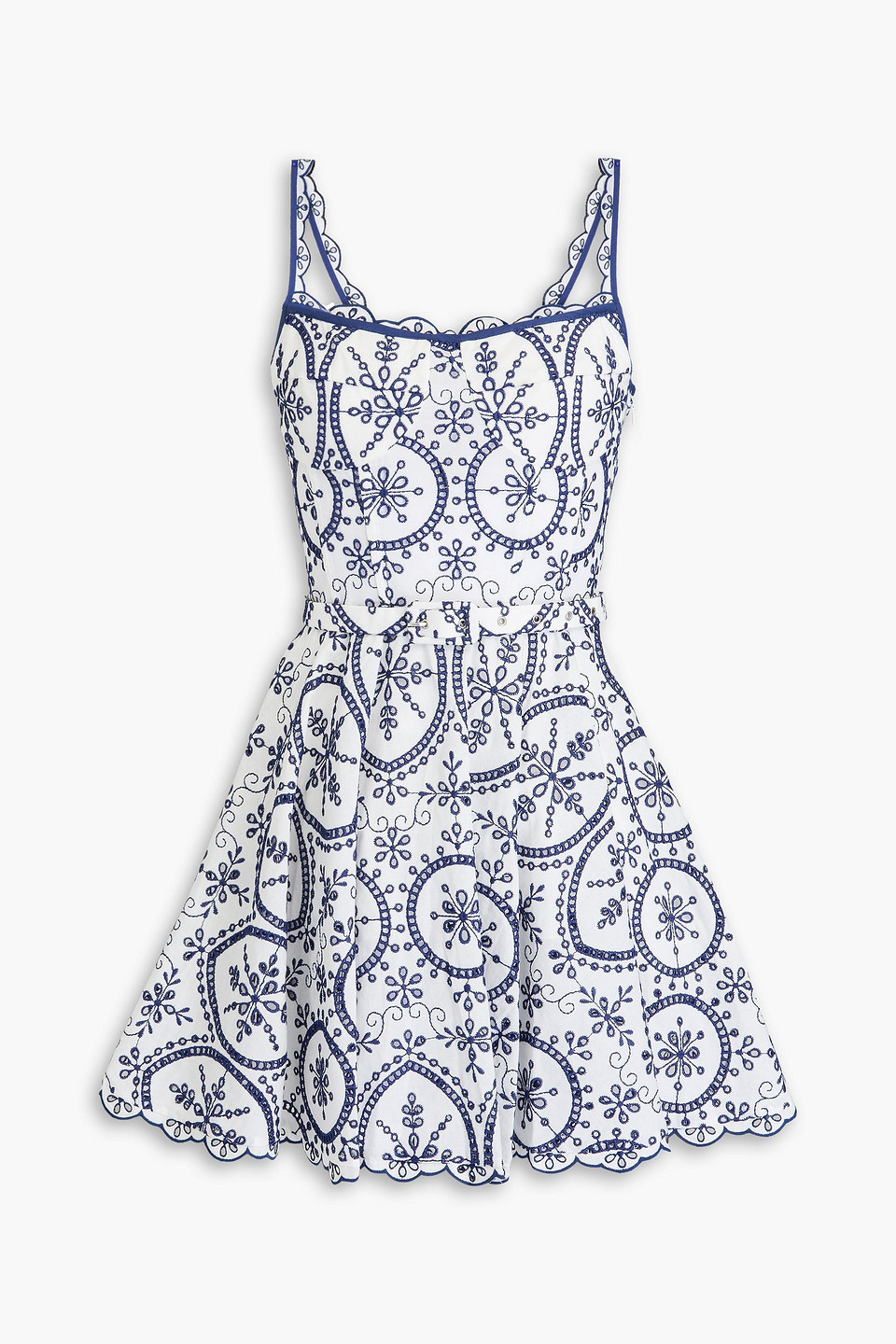 Charo Ruiz Nina Belted Broderie Anglaise Cotton-blend Mini Dress In Midnight Blue