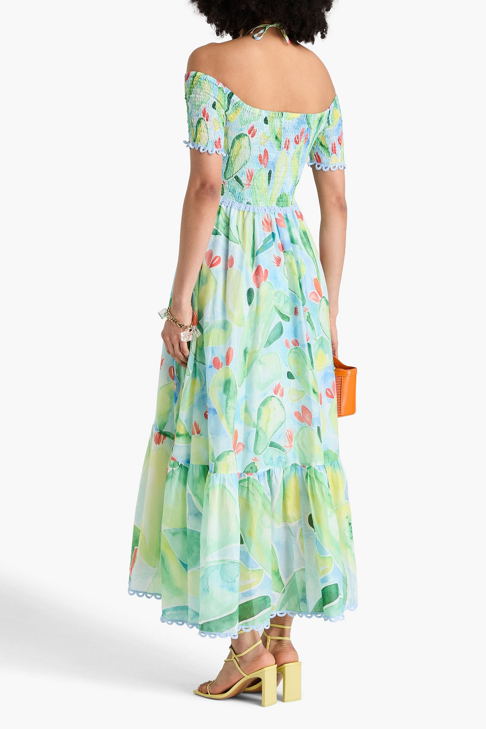 Charo Ruiz Cold-shoulder Printed Cotton-blend Voile Midi Dress In Light Green