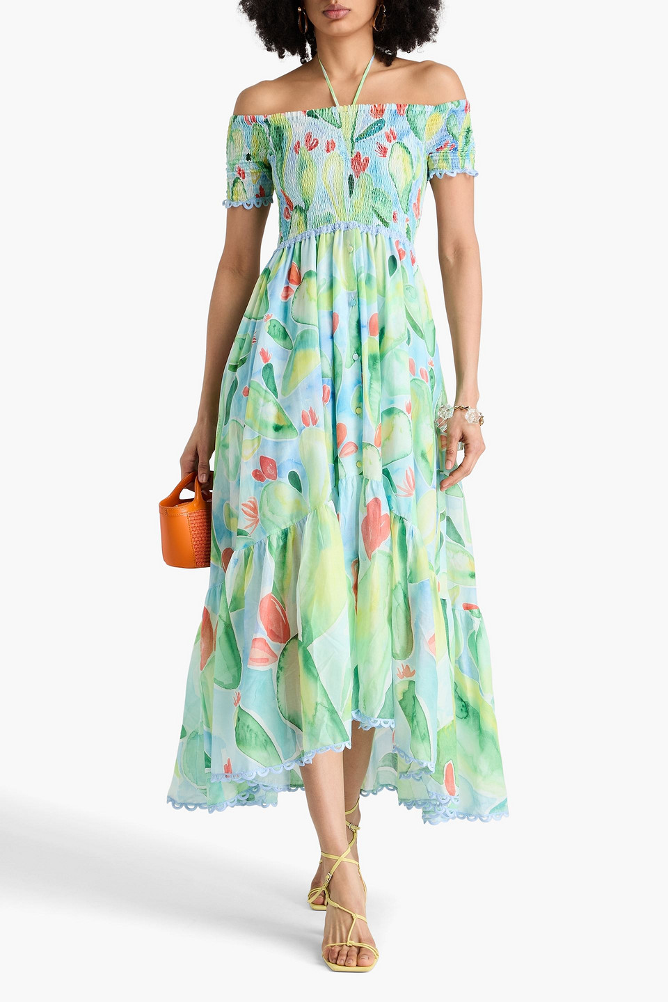 Charo Ruiz Cold-shoulder Printed Cotton-blend Voile Midi Dress In Light Green
