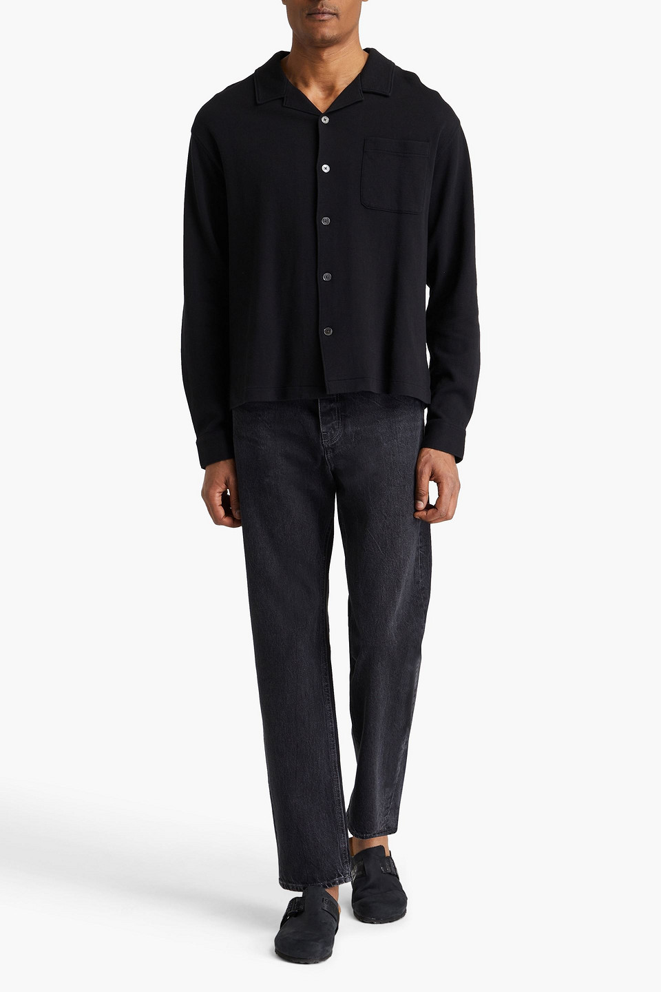 Frame Waffle Textured Button-up Shirt In Black