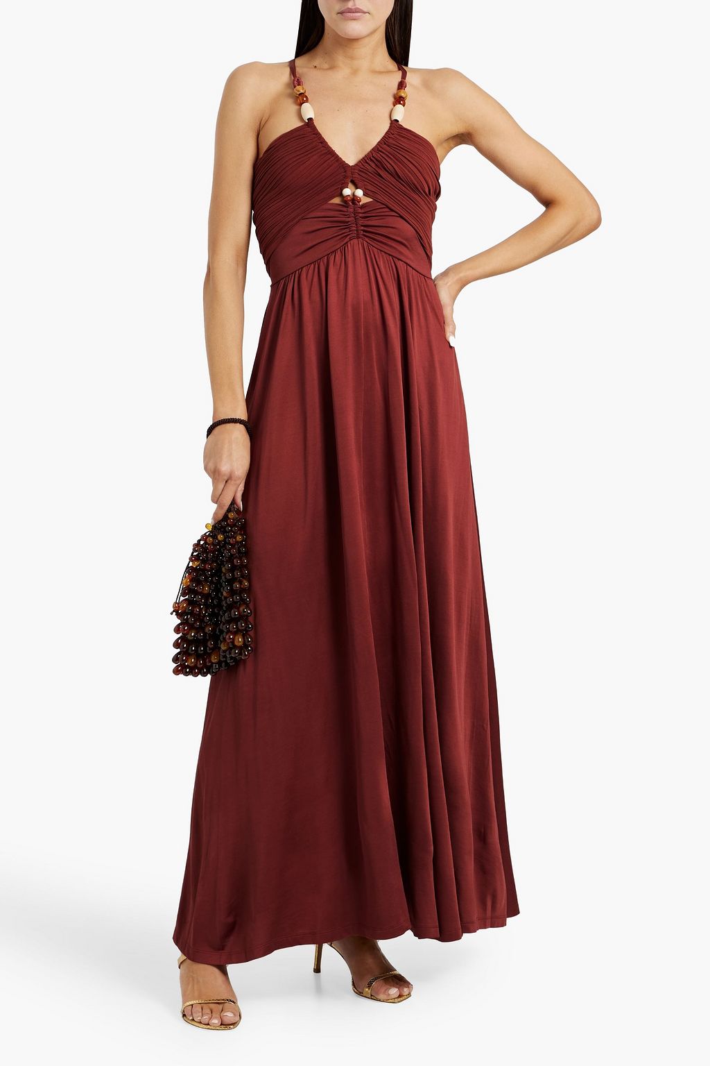 DIANE VON FURSTENBERG プリーツ加工チュール&サテンジャージー マキシワンピース カットアウト
