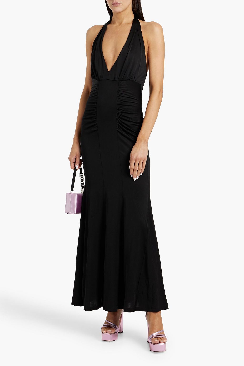 DIANE VON FURSTENBERG ストレッチジャージー ホルターネック マキシワンピース ルーシュ入り