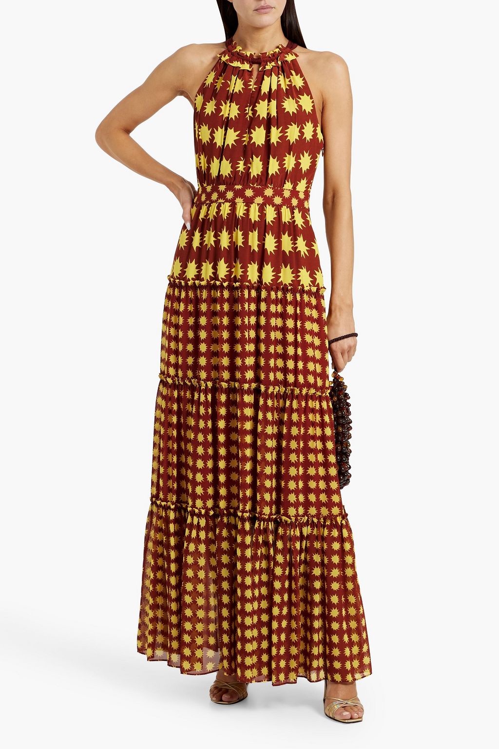 DIANE VON FURSTENBERG クレープデシン マキシワンピース ティアード プリント入り