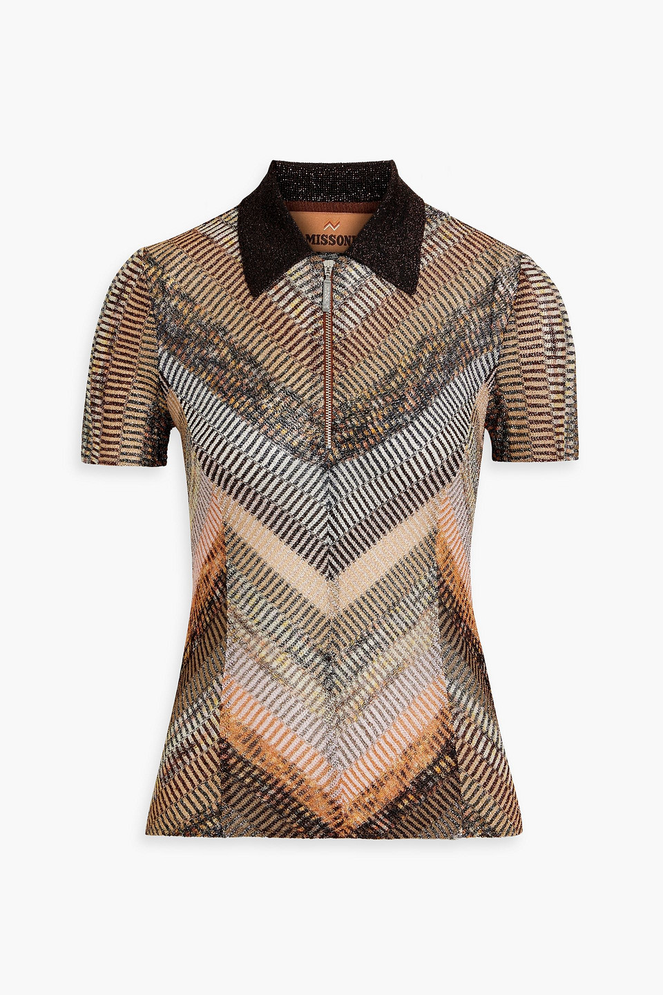 Metallic crochet-knit polo shirt