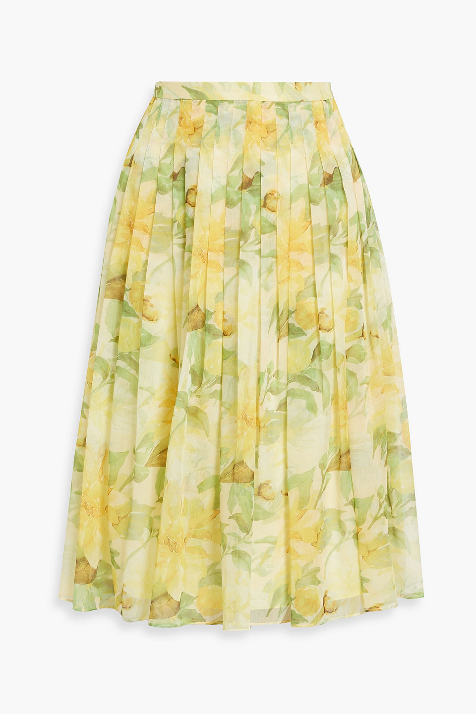 Mikael Aghal Pleated Floral-print Chiffon Midi Skirt In Yellow