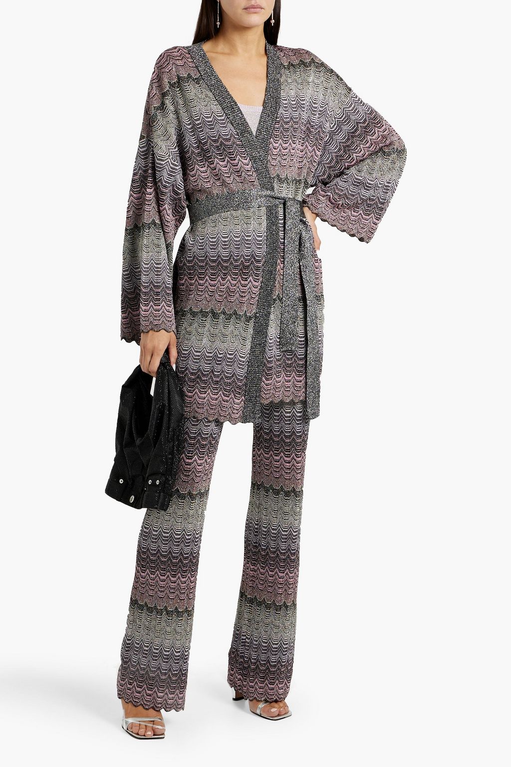 MISSONI Belted metallic crochet-knit cardigan