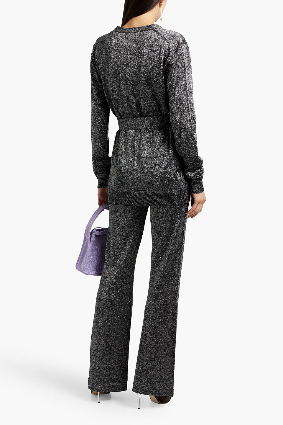 Missoni Belted Metallic Crochet-knit Cardigan In Gray