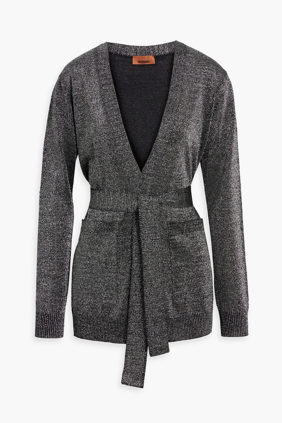 Missoni Belted Metallic Crochet-knit Cardigan In Gray