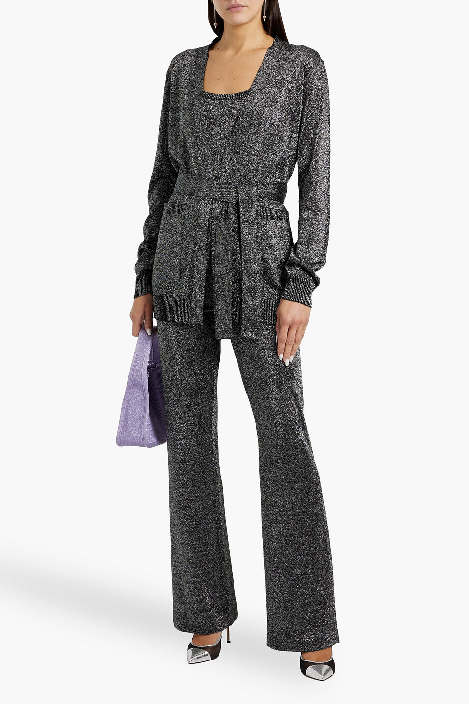 Missoni Belted Metallic Crochet-knit Cardigan In Gray