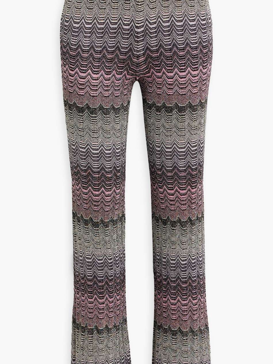 metallic crochet-knit flared pants